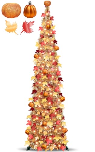 Image of 5 FT Fall Tree Fall Decor, Pop Up Tinsel Maples Tree with Timer 50 Warm White Lights Orange Pumpkins Battery Operated Lighted Halloween Tree Fall Decorations for Home Harvest Thanksgiving Party Indoor