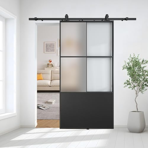 JUBEST 42' x 84' Glass Sliding Barn Door with Top Mounted Hardware Kit Included, 3-Panel Aluminum...