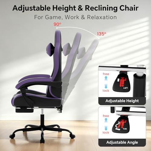 Image of Gaming Chair, Computer Office Chair with Footrest, Adjustable Height & Backrest Gaming Chairs with Swivel for Adults, High Back PU Leather Ergonomic Chair with Lumbar Support, Blackpurple