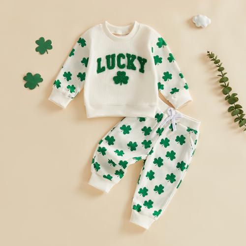 Image of Toddler Baby Boy Girl St Patricks Day Outfit Lucky Embroidery Waffle Long Sleeve Sweatshirt Pants Spring Clothes Set