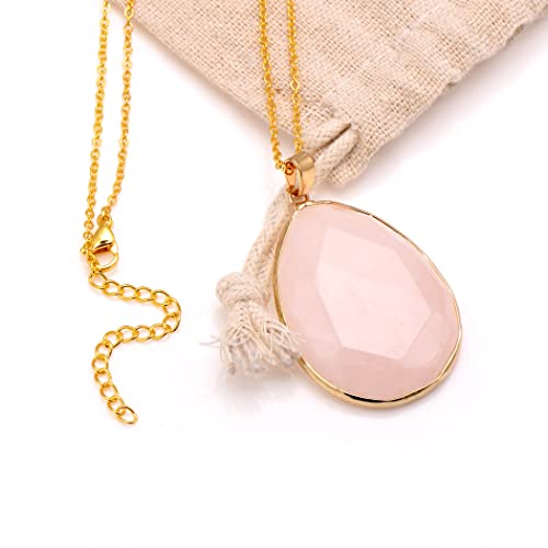 Paialco Faceted Cut Natural Rose Quartz Crystal Big Flat Drop Pendant Necklace, Yellow Gold Gilt2