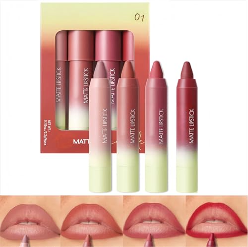 FORSEEKUP 4Pcs All-in-One Lip Liner & Lipstick, Matte Long Lasting Lip Pencil, Waterproof Smudge Proof Lip Crayon, High Pigment Velvet Lip Makeup Kit for Women, Perfect for Daily and Party Makeup(01#)
