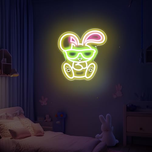 Image of Wearing Sunglasses Bunny Neon Sign, Rabbit Neon Bunny Dimmable Cute LED Neon Light for Animal Wall Bar Club Bedroom Windows Glass Hotel Decor, Room Neon Sign 13x12 inch