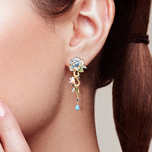 Santuzza Peony Earrings 925 Sterling Silver Blue Glass Enamel Blue Flower Long Dangle Earrings For Women #TOP3