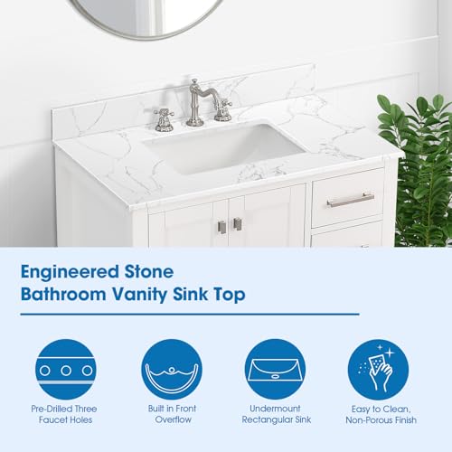 EQLOO 36 Inch Engineered Stone Bathroom Vanity Sink Top, with Undermount Rectangular Middle Sink, Vanity Countertop with 8 inch Faucet Hole Spacing and Backsplash in Lightning White