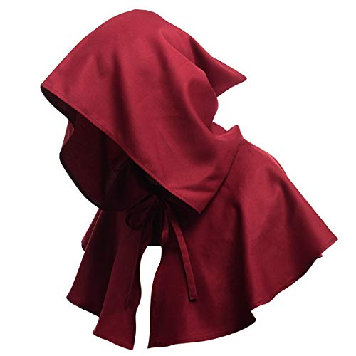 SOONHUA Halloween Cowl for Men Women, Unisex Medieval Cowl Hooded Cloak Halloween Poncho Cosplay Costume for Men Women Wine Red