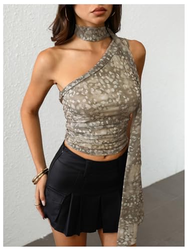 Image of RoseSeek Women's Y2K Leopard Polka Dots Halter Asymmetrical Neck Crop Tops | One Shoulder, Slim Fit, Sleeveless, Cheetah Print, Summer Tops, Scarf Tops, Party, Going Out Tops
