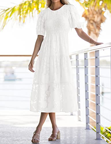 Merokeety Women's Summer Puff Sleeve Smocked Floral Dress Crewneck Lace Flowy Tiered Midi Dresses,White,L #TOP6