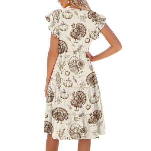 Image of Women's Casual Ruffle Sleeve Dress V Neck Pullover Dress Flowy A-Line Pleated Lightweight Dress with Pockets