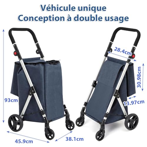 LEUYA ABC Einkaufstrolley, 46 l, Einkaufstrolley, 4 Räder, mit Kühltasche, verstellbare Griffe, Einkaufstrolley, faltbar, leicht, aus Aluminium (blau) – Bild 6