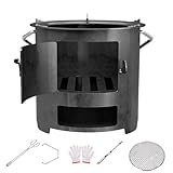 ESTUFA DE LEÑA PARA CAMPING: Esta estufa de camping incluye un asa portátil, una parrilla y otros accesorios, y es compatible con diversos utensilios de cocina, como sartenes y hornos holandeses. Es fácil de transportar para actividades al aire libre, ideal para acampar, hacer senderismo y para emergencias.