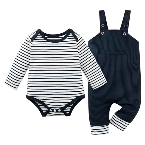 Image of Baby Boy Clothes Newborn Boy Outfit Infant Boy Stripe Romper Overall Pants Set with Pocket 0-24M