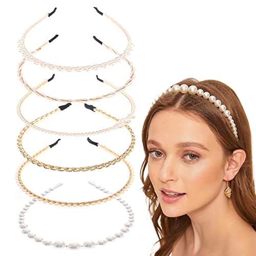 6 Pack Fashion Pearl Headbands, Bridal White Artificial Pearls and Metal Hairbands, Wedding Photography Party Hair Accessories for Women Girls (color A)