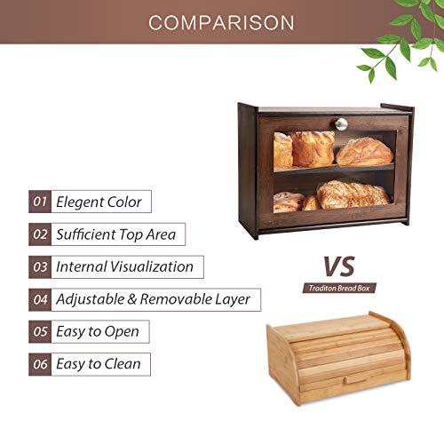 Comellow Bread Box For Kitchen Countertop, Bamboo Storage Box With 2 Adjustable Layer, Wooden Bread Box With Acrylic Glass Window, Bread Storage Bin For Kitchen(Self-Assembly) #TOP6