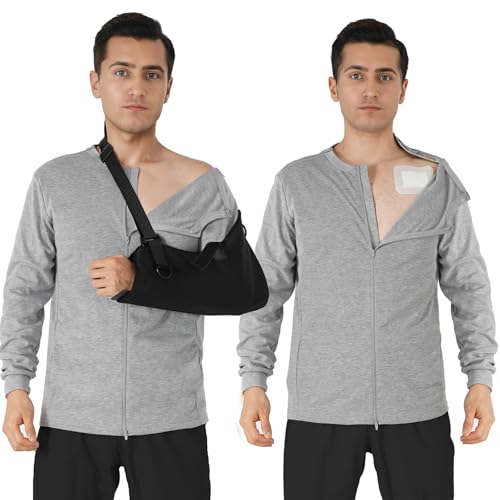 Chemo Port Access Long Sleeve Shirt for Men - Post Shoulder Surgery Recovery with One-Hand Zipper & Puppy Flap