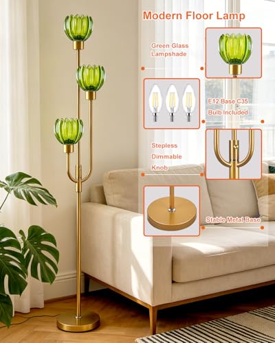 Image of 3-Lights Modern Glass Floor Lamp Gold Dimmable Floor Lamps with 3000K Warm White Bulbs for Wedding Party 66IN Tall Standing Lamp with Green Glass Shade for Living Room /Bedroom /Girls Room