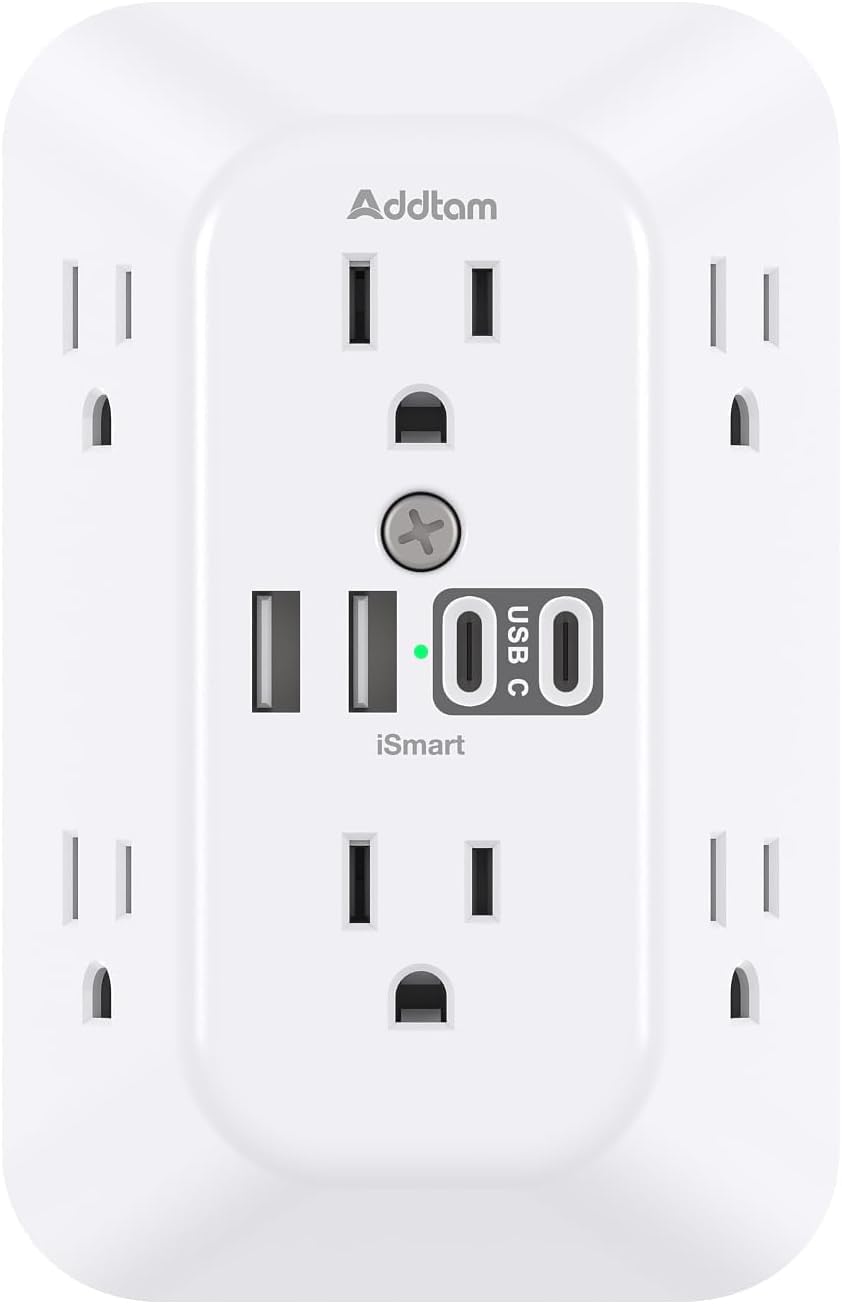 Addtam Outlet Extender Surge Protector, 6-Outlet Splitter with 4 USB Wall Charger(2 USB-C Ports), Multi Plug Wall Outlet 1800J Power Bar for Home Office Dorm Room Essentials - 1