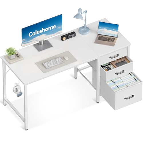 Coleshome Bureau avec 3 Tiroirs en Tissu, 120x48cm Bureaux Informatique avec Porte-Casque, Blanc Bureau D'ordinateur Réversible pour Petit Bureaux à Domicile