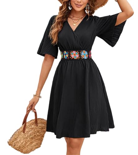 2025 Casual Short Summer Bohemian Dresses for Women Casual Flowy Puff Sleeve Knee Length Midi Sun Dress