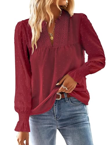 Falechay Burgundy Shirt Womens Butterfly Sleeve V Neck Swiss Dot