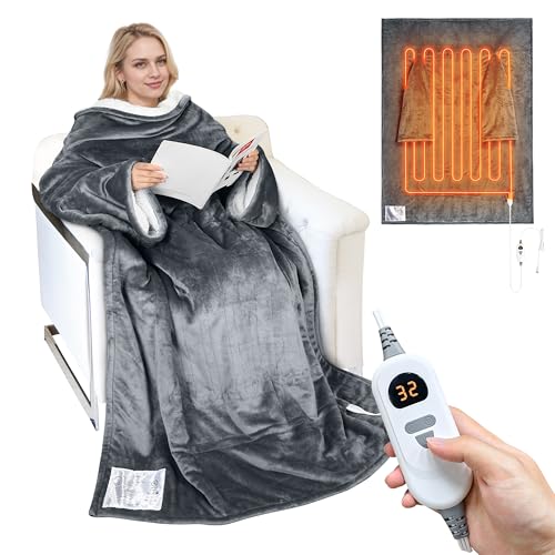 Catalonia Classy Heated Wearable Blanket with Sleeves, Warm Sherpa Fleece Heated Throw Blanket, Electric Snuggle Blanket with Arms, Cozy Gift for Women Men, 178 x 127 cm, Gray