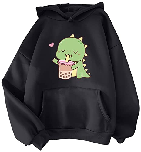 YINGKE Mujer Lindo Dinosaurio Sudadera con Capucha Niñas Anime Sweatshirt Chica Kawaii Jersey Casual Pulóver para Adolescentes (S, Negro Dinosaur)