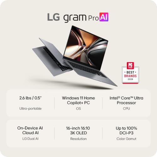 Image of LG gram Pro 16-inch Thin and Lightweight Dual AI Laptop Computer, Windows 11 Home, Copilot+ PC, Intel Core Ultra X7 358H, 32GB RAM, 1TB SSD, OLED Display, Aerominum Silver