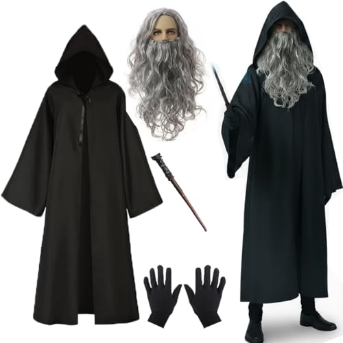 Black Wizard Cloak Costume for Men, 5-Piece Warlock Sorcerer