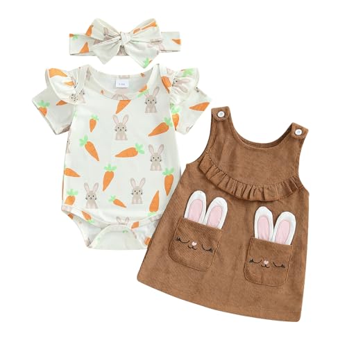 Finegoodwei Baby Girl Easter Outfit Bunny Carrot Ruffle Short Sleeve Romper Overall Dress Tie-up Headband 3 Piece Spring Set (Beige, 12-18 Months)