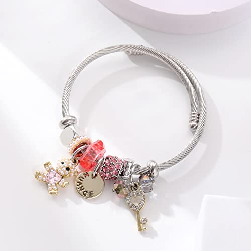DS Bracelets for Teen girls, exquisite cute cartoon bear Stainless Steel Charm bracelet with Gift box Adjustable girls jewelry Bangle Suitable for daughter birthday holiday gifts -Pink Bear - Image 5
