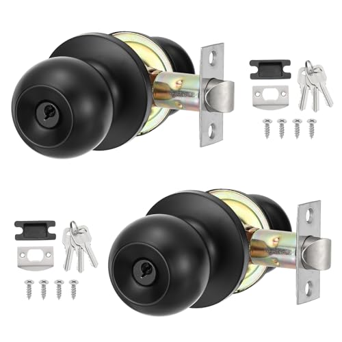 PATIKIL Round Key Entry Door Knobs Interior, 2 Pack Round Stainless Steel Bedroom Bathroom Door Knob with Lock Entry Indoor Outdoor Door, Black