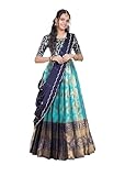 Kartutva Damen Lehenga Choli Set mit Dupatta fertig konfektionierter halber Saree südindischer Pattu Pavadai, Türkis und Blau, Large