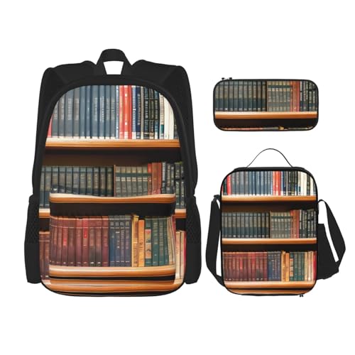 Library Bookshelf Print 3 Piece Set Backpack, Lunch Bag, Pencil Case, Cute Sturdy For College And Travel