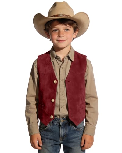 Image of Retro Boys Western Cowboy Vest for Kids Leather Suede Waistcoat | vintage dress vests, welt pockets, v-neck, adjustable waist, formal slim fit, wedding outfit, farm christmas birthday prom