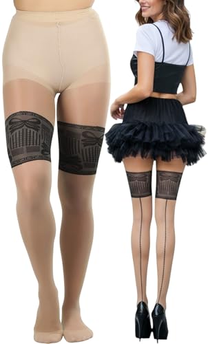 Image of ToBeInStyle Women's Faux Thigh High Opaque Print Nylon Tights