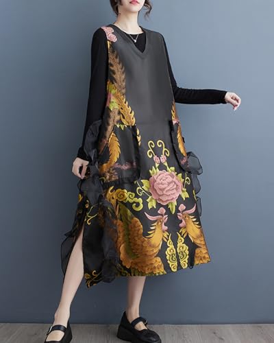 ellazhu Women's Funky V-Neck Vest Side Slit With Lace Floral Print Sleeveless Outerwear GZ145 A2