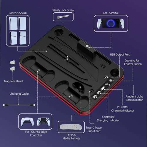 Suporte e estação de resfriamento para PS5 / PS5 Slim com estação de carregamento de controlador LED