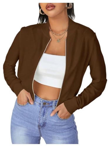 SweatyRocks Women's Casual Long Sleeve Solid Zip Up Coat Crop Bomber Jacket