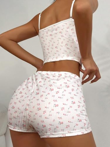Image of Hilinker Womens Graphic 2 Piece Pajama Set Summer Cute Crop Cami and Shorts Ribbed Lounge Sets