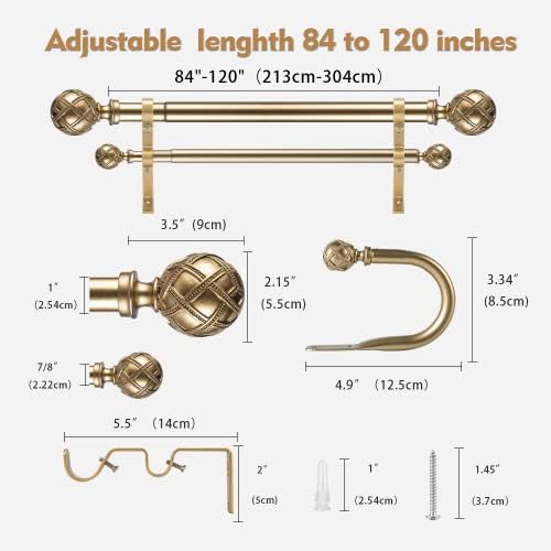 Ycolnaefllr 1 Inch Diameter Double Curtain Rod Set Double Curtain Pole Rail Adjustable from 84 to 120 Inch(213cm-304cm) with Curtain Holdbacks Double Window Curtain Rod Set Warm Gold