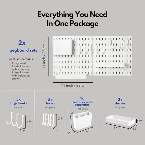 Keepo Stecktafel-Kombinationsset, Stecktafeln und Zubehör, modular zum Aufhängen für Wand-Organizer, Bastelorganisation, Ornament-Ausstellung, Kinderzimmer-Aufbewahrung, Stecktafel (Weiß, 22″×11″)