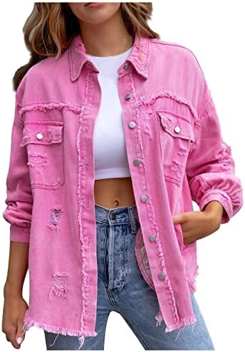Jeborah Jackets for Women Spring Fall Casual Ripped Solid Color Denim Coats Ladies Long Sleeve Classic Outerwear Jackets(Medium, Pink)