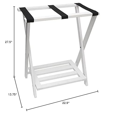Lipper International 502W Right Height Folding Luggage Rack With Bottom Shelf, White Finish, 22 ⅞" X 13 ¾" X 27 ½" #TOP2