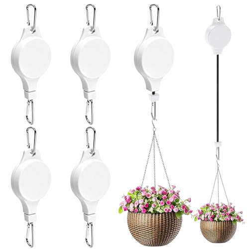 TERVEEX Retractable Plant Hanger with Pulley System, Effortless Raising and Lowering for Indoor and Outdoor Plants, Hanging Planters, Garden Pots & Bird Feeders (4-Pack,White)