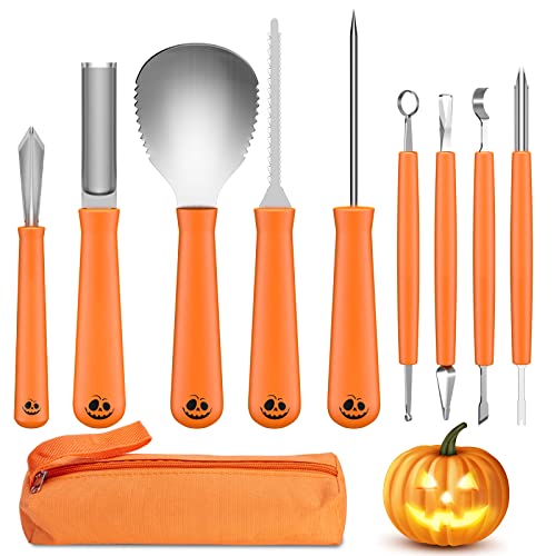 Fohil Juego de Tallado de Calabaza de Halloween 9 Piezas Herramientas de Corte para Ahuecar Trinchar Calabazas DIY Decoración de Halloween Cuchillos de Tallar Calabaza de Acero Inoxidable para Niños