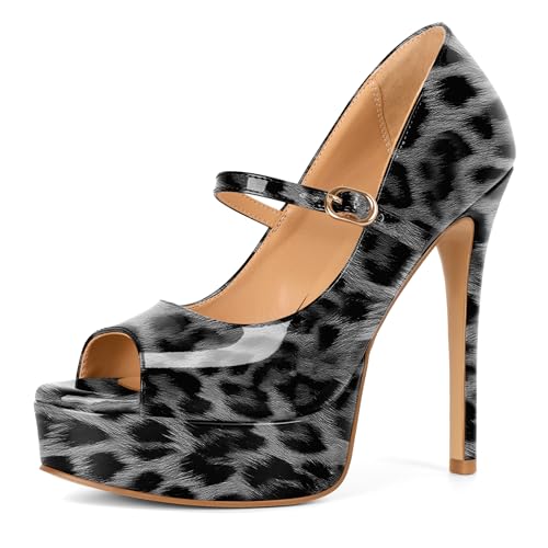 Image of SAMMITOP Women's Peep Toe High Heels Platform Stiletto Pumps Patent Mary Jane Heels 5.5 inch Party Wedding Dress Shoes