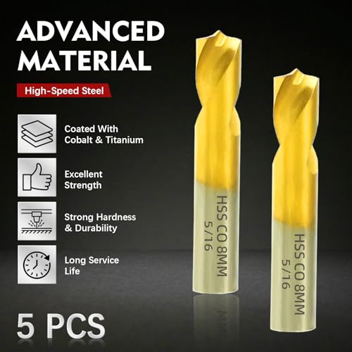 Image of RENYU 5Pcs Cobalt Spot Weld Drill Bit Set Kit, Titanium Coated High Speed Cobalt Steel Weld Cutter Drill Bit Weld Removal Tool 5 /16-inch (8mm) Yellow