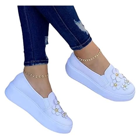 HESYSUAN Women Loafer Platform Shoes Soft PU Leather Flower Round Toe Slip On Walking Travel Work Nurse Autumn Shoes (White,38) Cover
