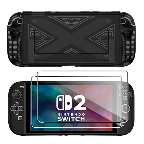 FDHYFGDY Funda para Nintendo Switch 2 2025 con 2 Piezas Protector de Pantalla, Tapa de Choque y Cubierta Protectora Resistente a los Rasguños (Negro)