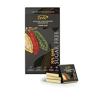 ZEVIC Chocolate Sugar Free with 70% Dark Chocolate | Classic Belgian Dark Chocolate Bar | Natural Stevia Chocolate | Keto Chocolate | Diabetic Friendly Chocolate | Vegan Diet Healthy Chocolate, 96g